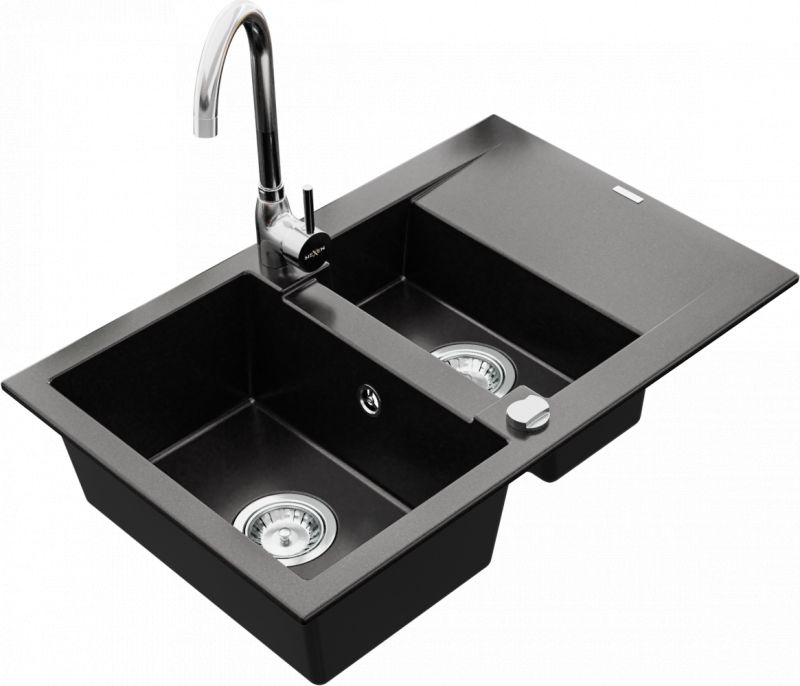Zlewozmywak Mexen Gaspar granitowy 1,5-komorowy z ociekaczem i baterią kuchenną Telma, czarny - 6507-77-670200-00