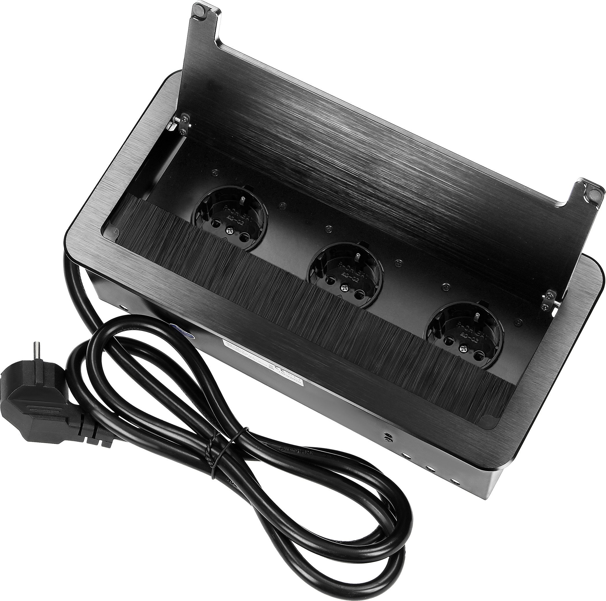 Orno Gniazdo meblowe wpuszczane w blat z płaskim frezowanym rantem, szczotką przeciwkurzową i przewodem 1,5m, 3x2P+Z (Schuko), czarne