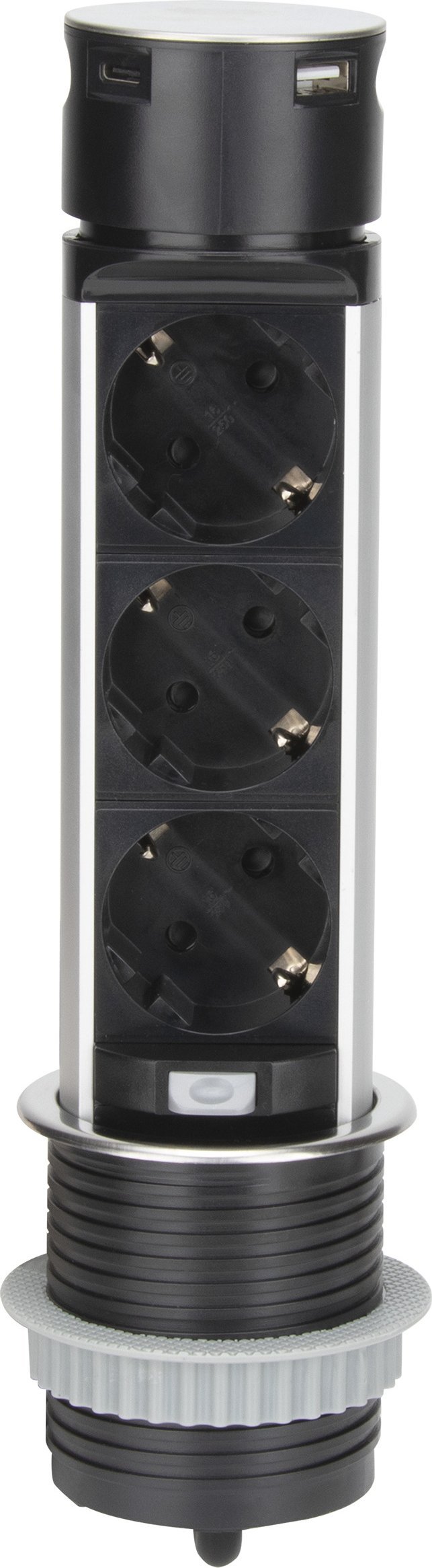 Orno Wpuszczane gniazdo meblowe ?6cm z ładowarką USB i przewodem 1,5m, 3x2P+Z (Schuko), 2xUSB (typ A i typ C), INOX