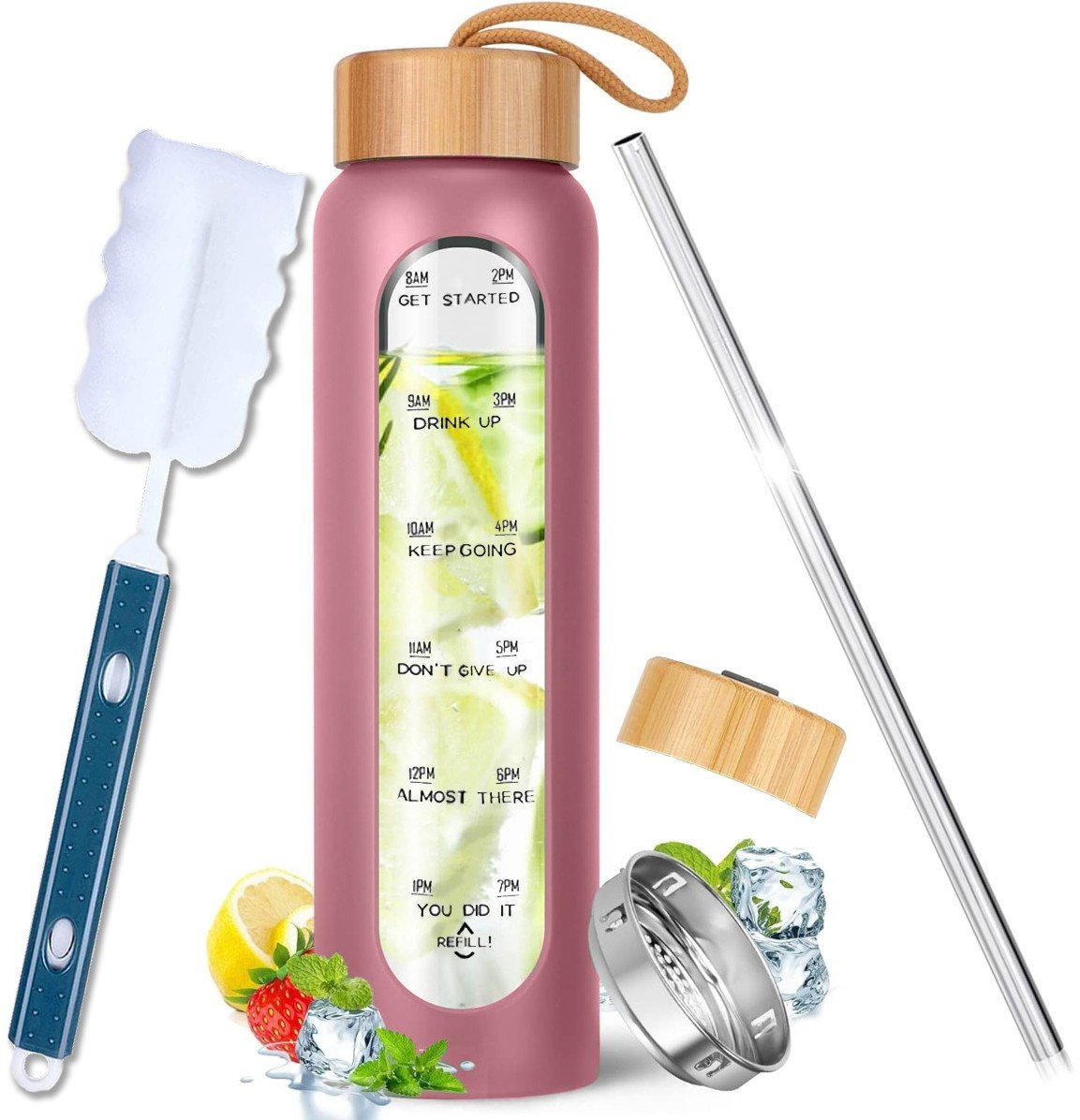 Szklana butelka na wodę 1l motywacyjna ze słomką Supero, różowa