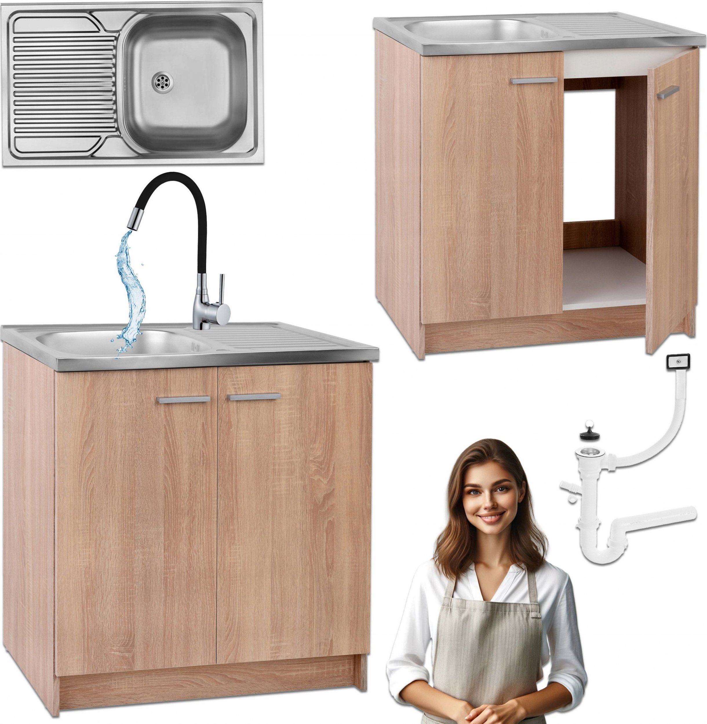 Stamar Zestaw Kuchenny Szafka Dąb Sonoma 80 + Zlew Bateria Elastyczna Czarna Syfon