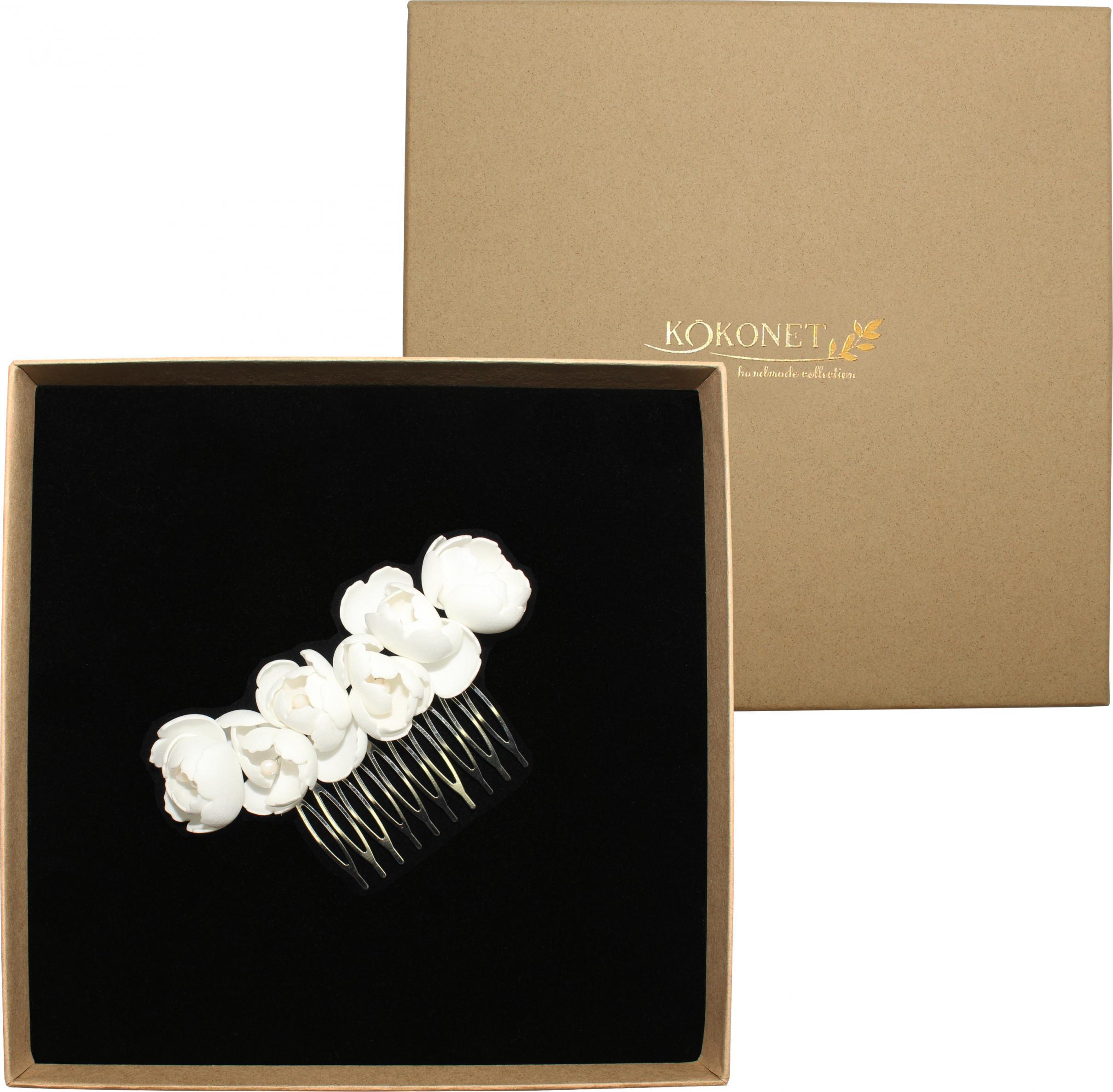 KOKONET Grzebyk kwiatowy biały srebrny ozdoba ślubna