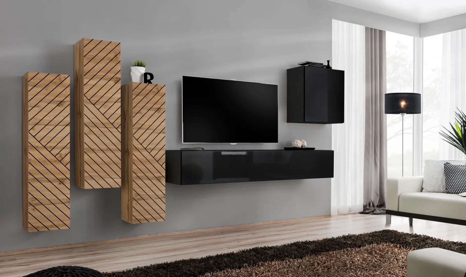 Meblościanka SWITCH LAMEL III dąb wotan/czarna ASM Meble