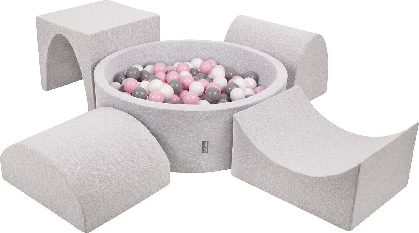 KiddyMoon Piankowy plac zabaw PPZP-OK30D-135 z piłeczkami jasnoszary: biały-szary-pudrowy róż basen 300/górka/tunel/rampa L/półwałek L Zabawka plac za