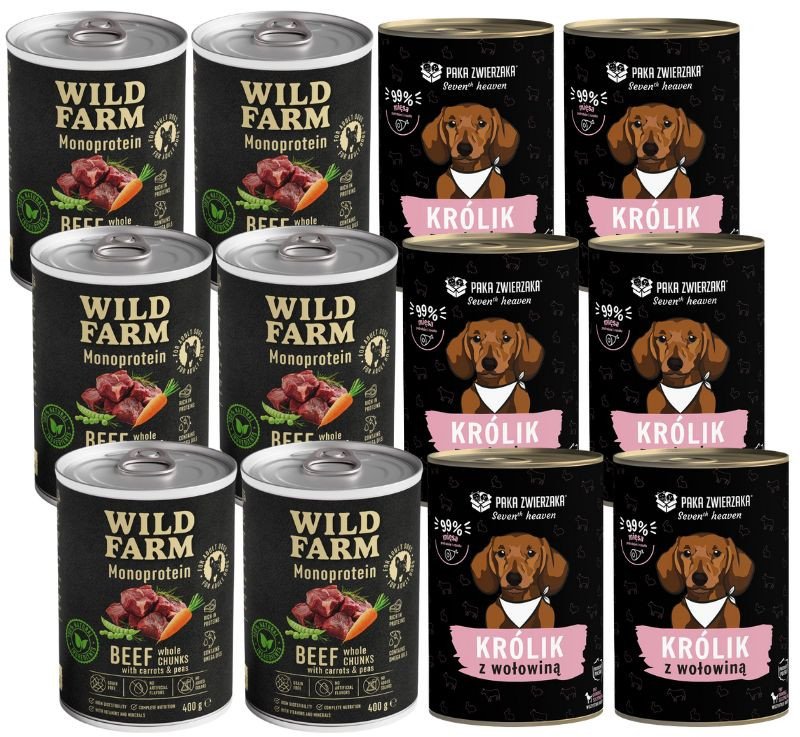 Paka Zwierzaka - Seventh heaven - Królik z wołowiną + WILD FARM Monoprotein Beef 12x400g