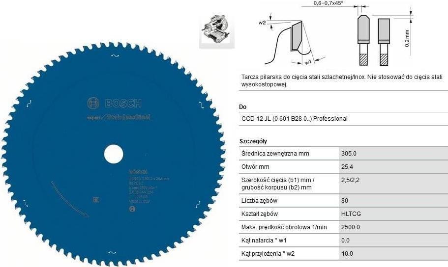 Bosch PIŁA TARCZOWA 305X25,4MM 80-ZĘBÓW EXPERT STAINLESS STEEL / STAL NIERDZEWNA INOX B2608644284 BOSCH