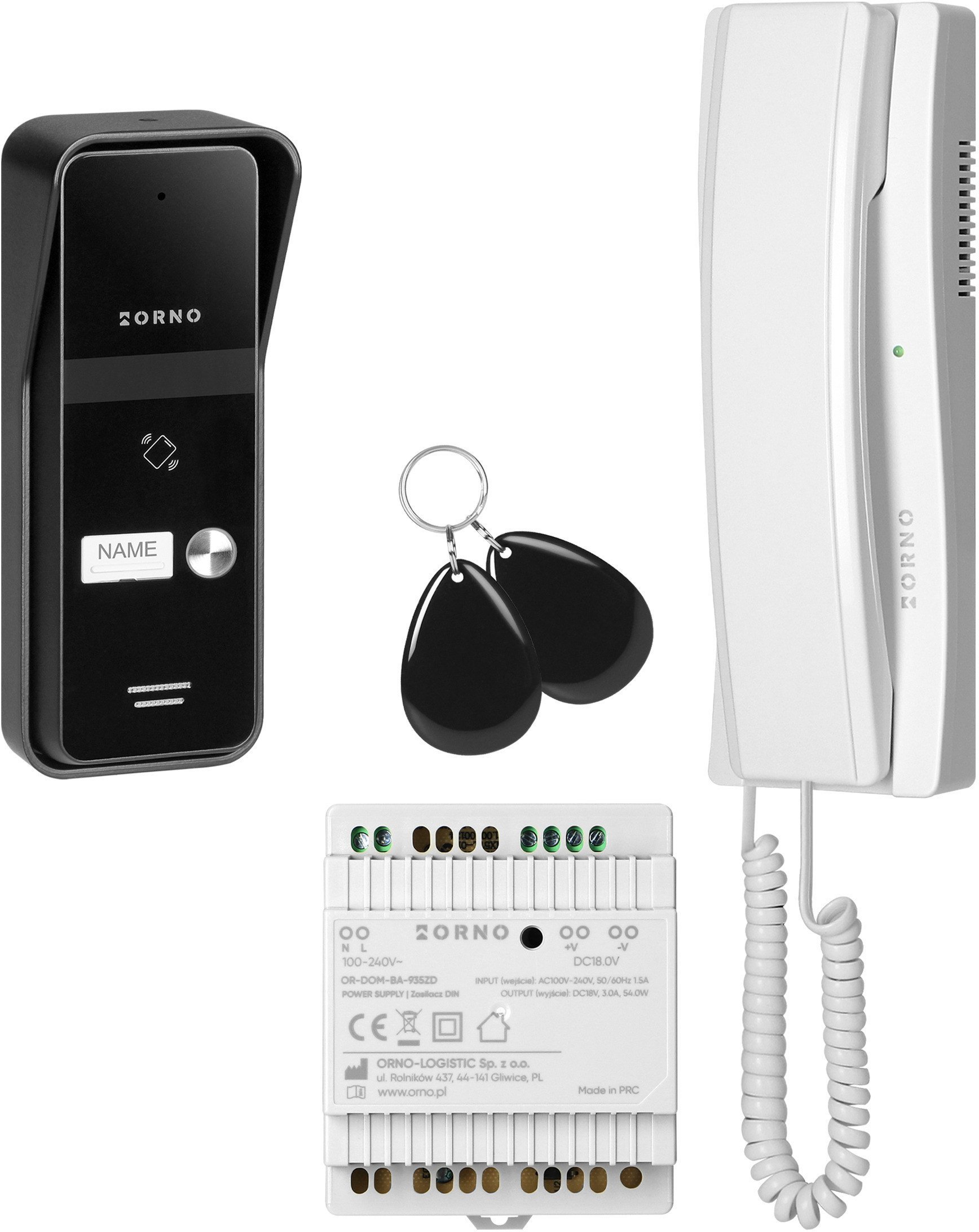 ENIR, zestaw domofonowy jednorodzinny, 2-żyłowy, zasilacz na szynę DIN, z czytnikiem breloków, biały