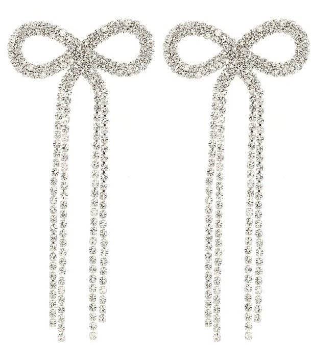 Srebrne długie kolczyki kokardy z kryształkami efektowne wizytowe na wesele
