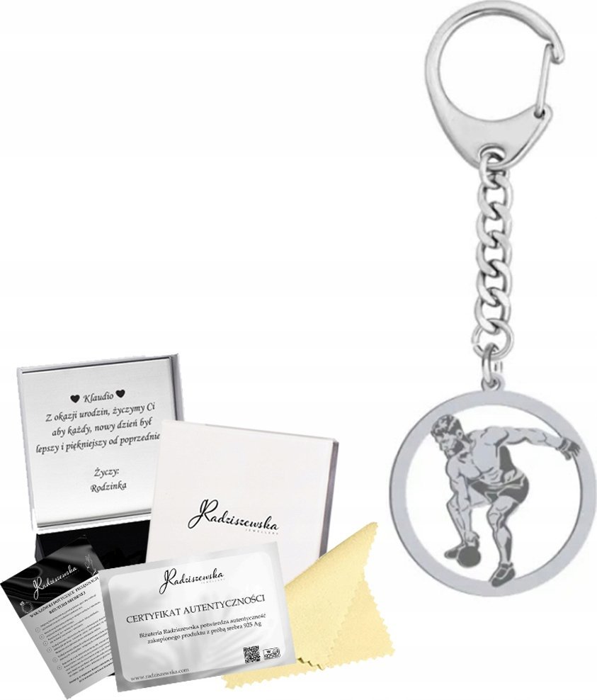 Radziszewska Jewellery Brelok do Kluczy Kettlebell CrossFit Męski Srebro 925 Prezent GRAWER