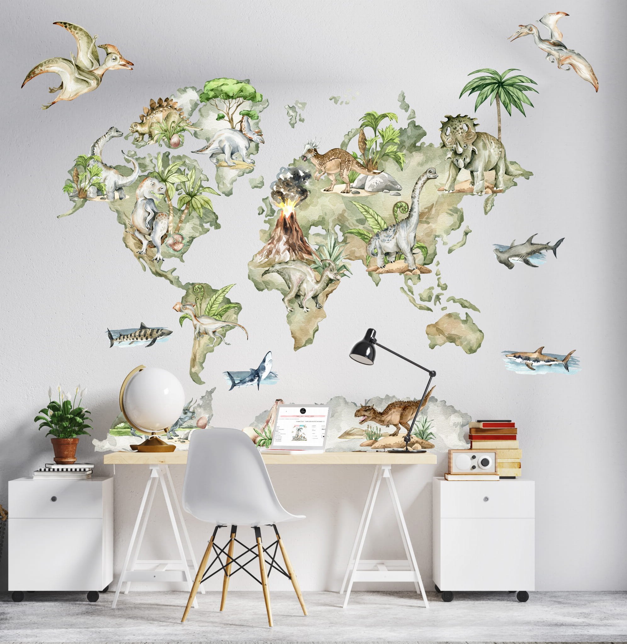 Mała Pracownia DK Mapa Świata Dinozaury - naklejka na ścianę