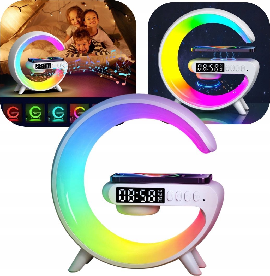 ECOBOX LAMPKA NOCNA LED ŁADOWARKA INDUKCYJNA QI GŁOŚNIK ZEGAR BUDZIK RGB MAŁA