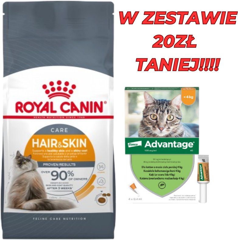 ROYAL CANIN Hair&Skin Care 10kg karma sucha dla kotów dorosłych, lśniąca sierść i zdrowa skóra + Advantage - dla kotów (0,4mlx4) *roztwór* blister