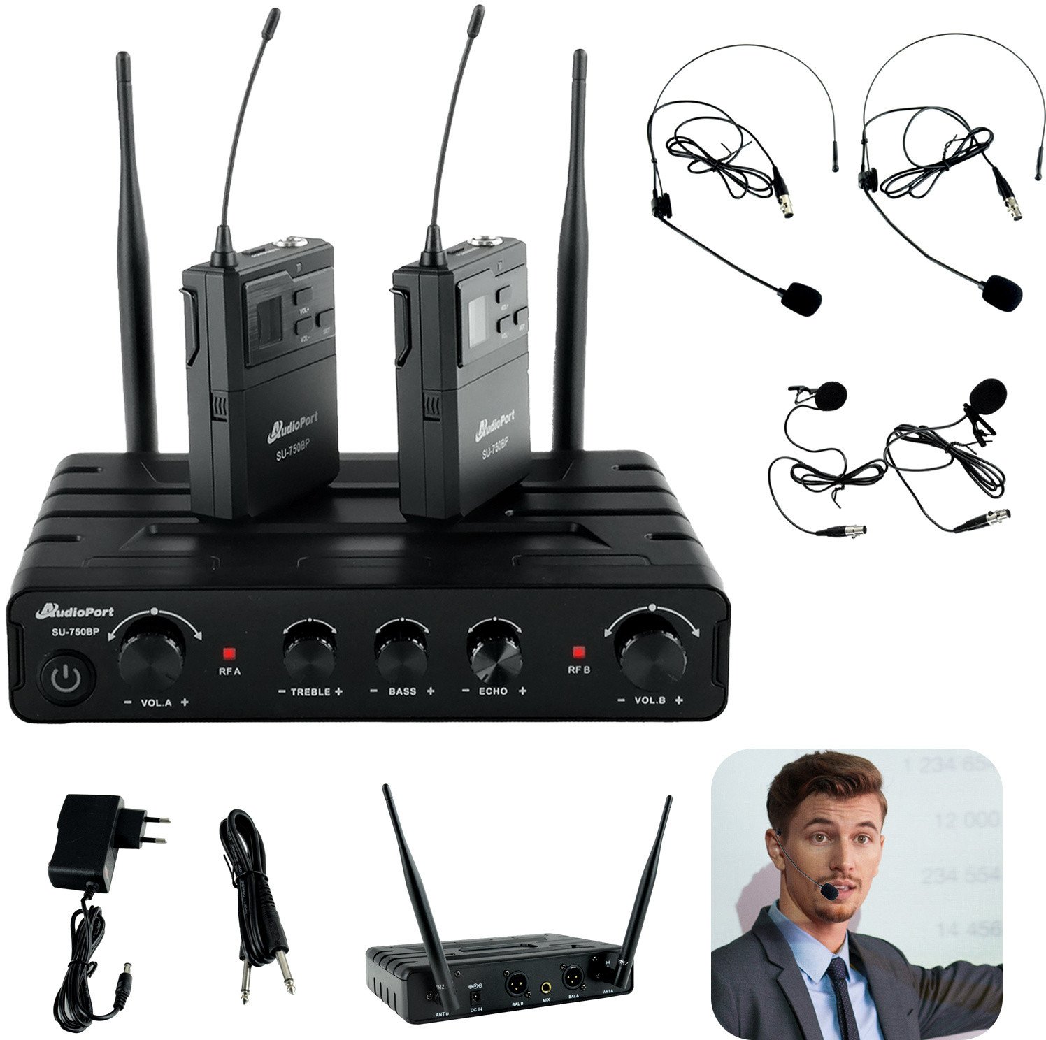 Zestaw mikrofonów bezprzewodowych UHF 2x nagłowny bodypack krawatowy Audioport SU-750BP one size