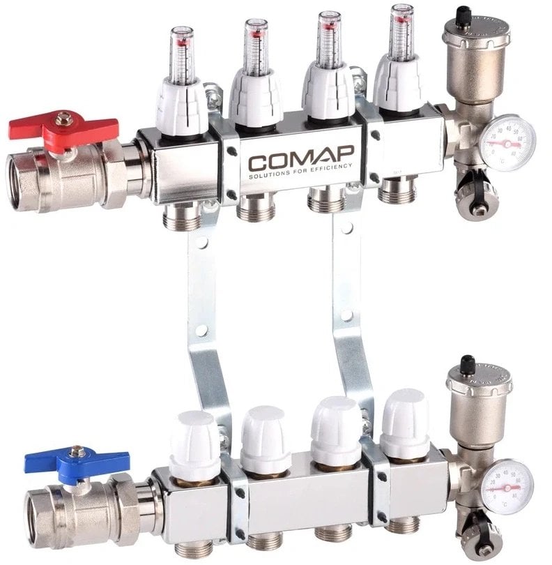 Rozdzielacz stal nierdzewna z zaworem termostatycznym, przepływomierzem, odpowietrznikiem aut.,zaworem spustowym, termometrem 4obw (DWZ)