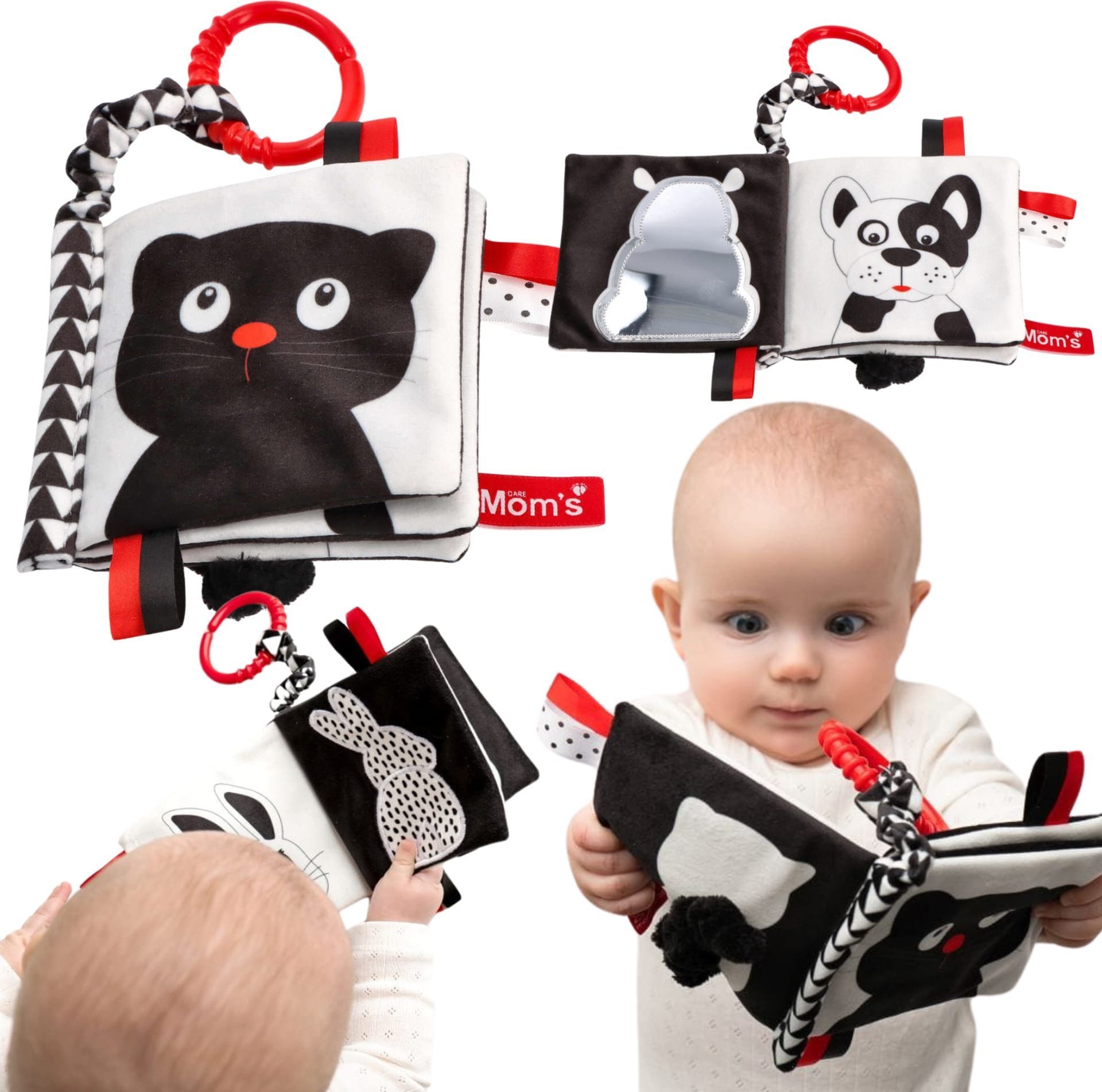 Hencz Książeczka Sensoryczna "Kto to? Co to?" Czarno-Biała Lusterko Metki