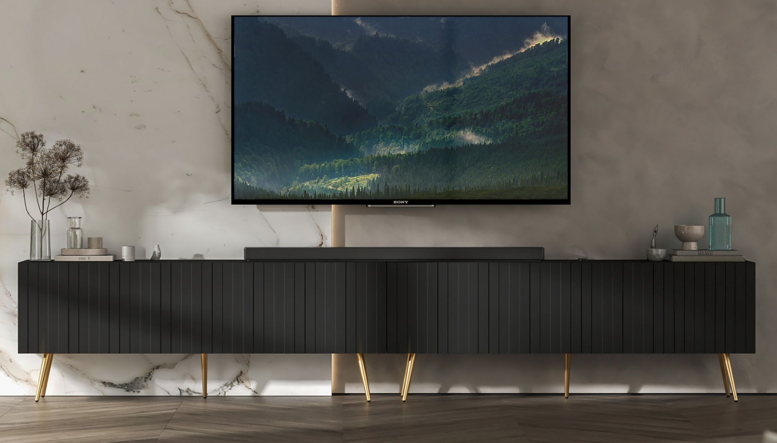 Meble Lindner Loft Szafka RTV Czarny Mat Nowoczesna Komoda RTV Glamour 300 cm Ryflowane fronty Nogi Złote Metalowe