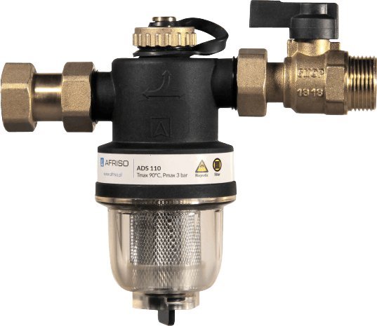 Afriso Kompaktowy magnetyczny separator zanieczyszczeń ADS 110, uniwersalne przyłącza G3/4", Kvs 5,2 m3/h, z zaworem