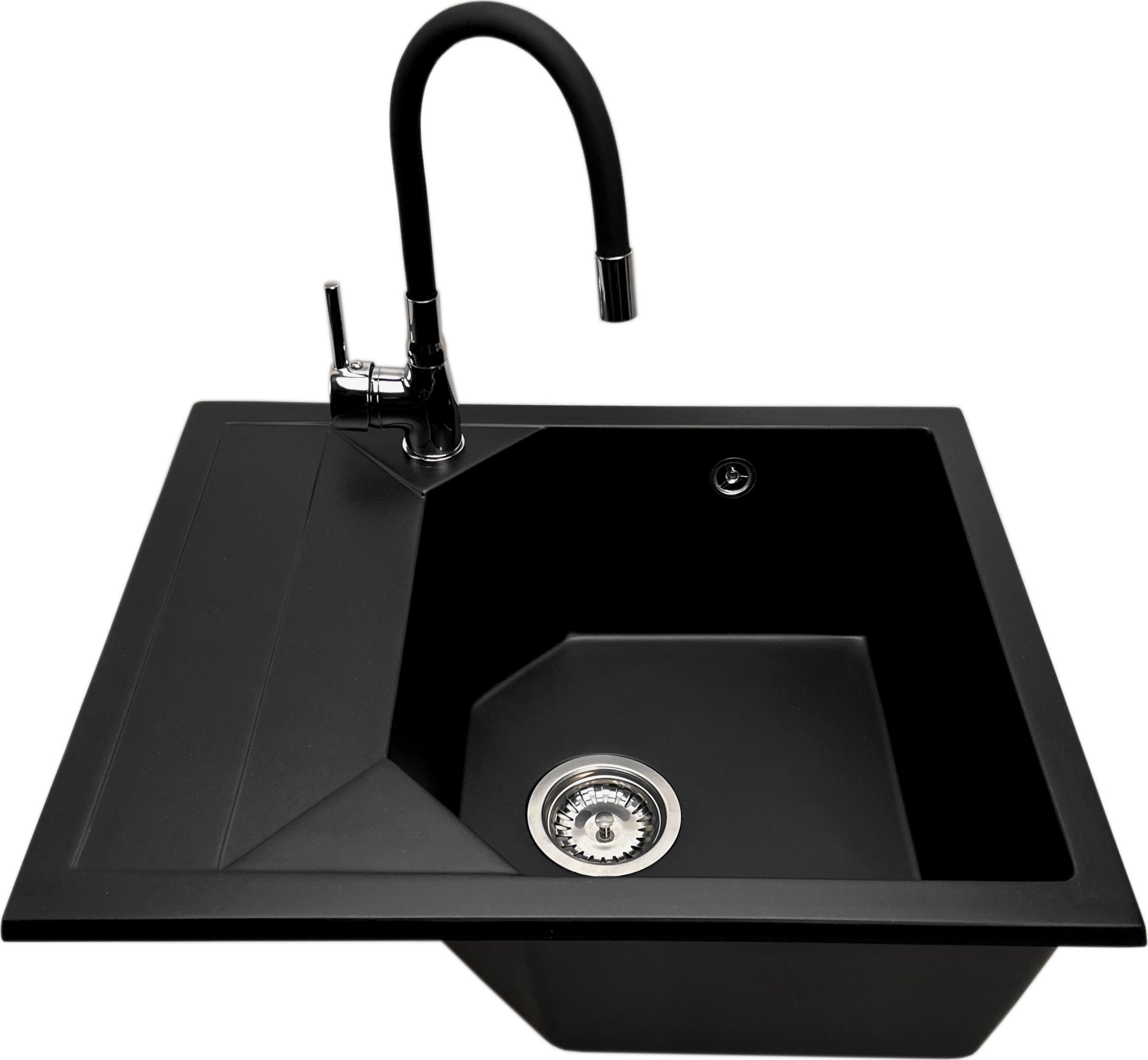 Zlewozmywak PREHNIT Zlewozmywak jednokomorowy z ociekaczem POLLO czarny z lewym ociekaczem + bateria flex LAVO