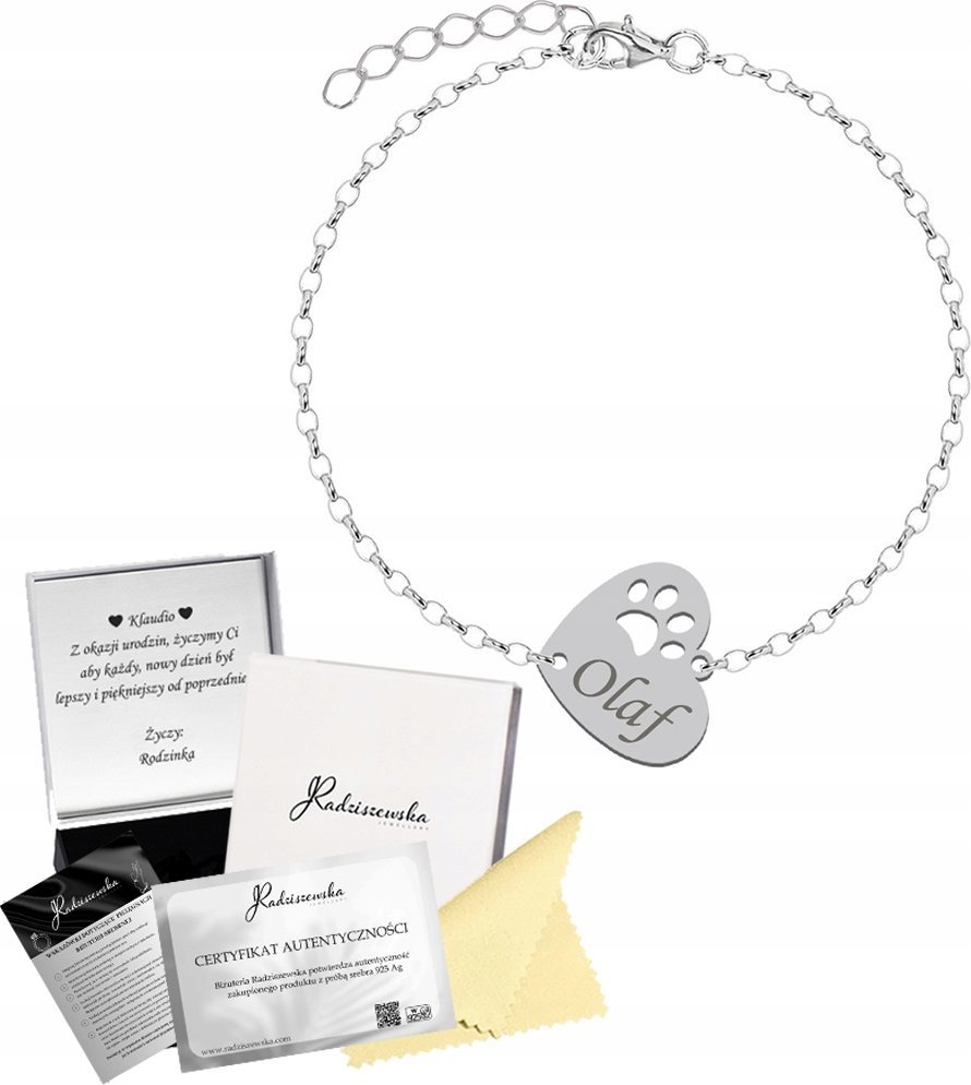 Radziszewska Jewellery Bransoletka Srebrna Serce ŁAPKA PSA KOTA Imię Pupila 925 Prezent Biżuteria