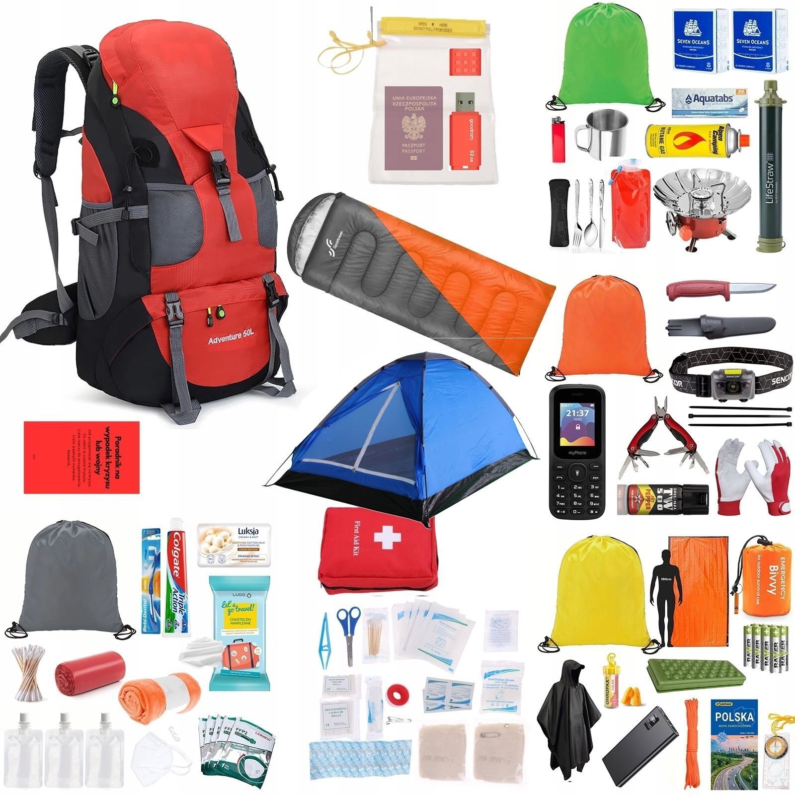 vidaXL Plecak Ewakuacyjny Z Wyposażeniem Zestaw Wszystko Co Potrzeba Readypack X2 Czerwony