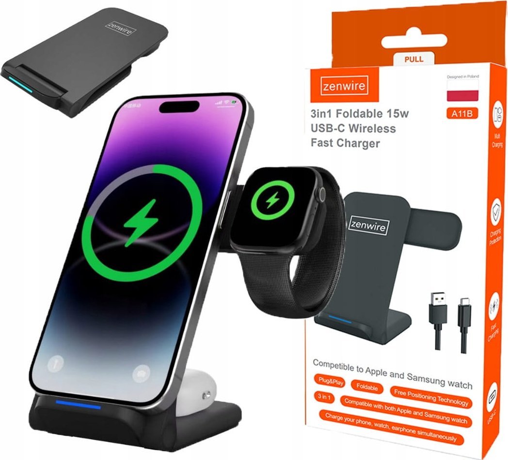 Ładowarka Zenwire Ładowarka Indukcyjna Bezprzewodowa 3w1 USB-C Telefonu iPhone Samsung Watch QI 15W Zenwire A11B