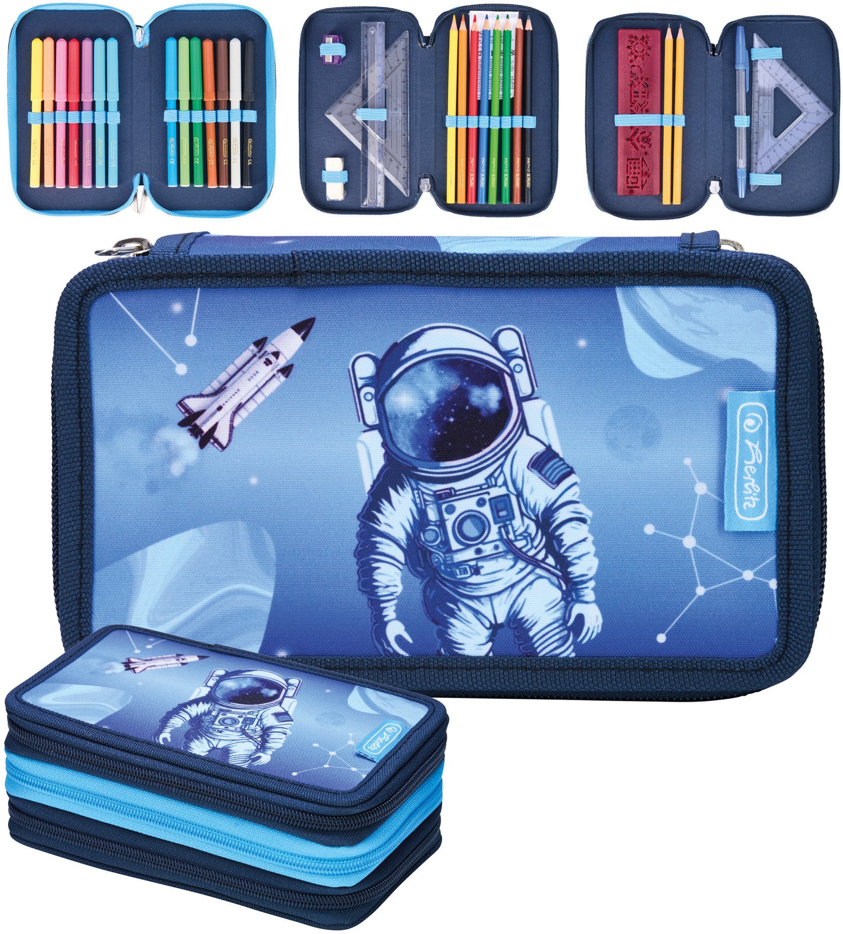 Piórnik potrójny trzykomorowy z wyposażeniem 31el kosmonauta Cosmic HERLITZ