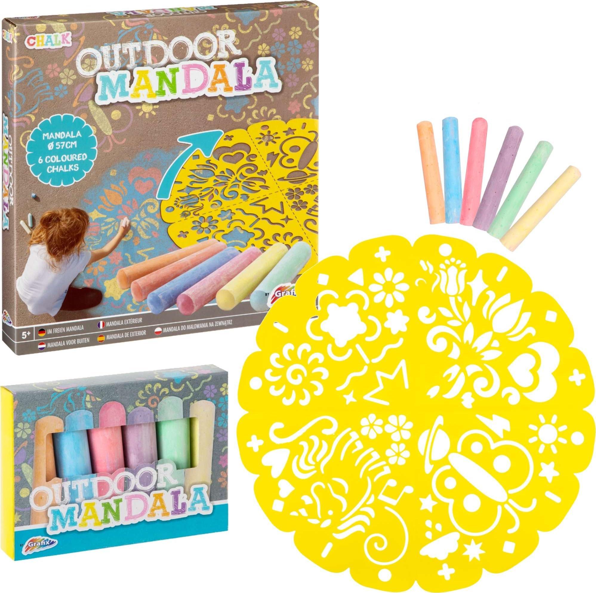 Grafix Zestaw do malowania na zewnątrz Outdoor Mandala szablon i kreda chodnikowa 6 kolorów
