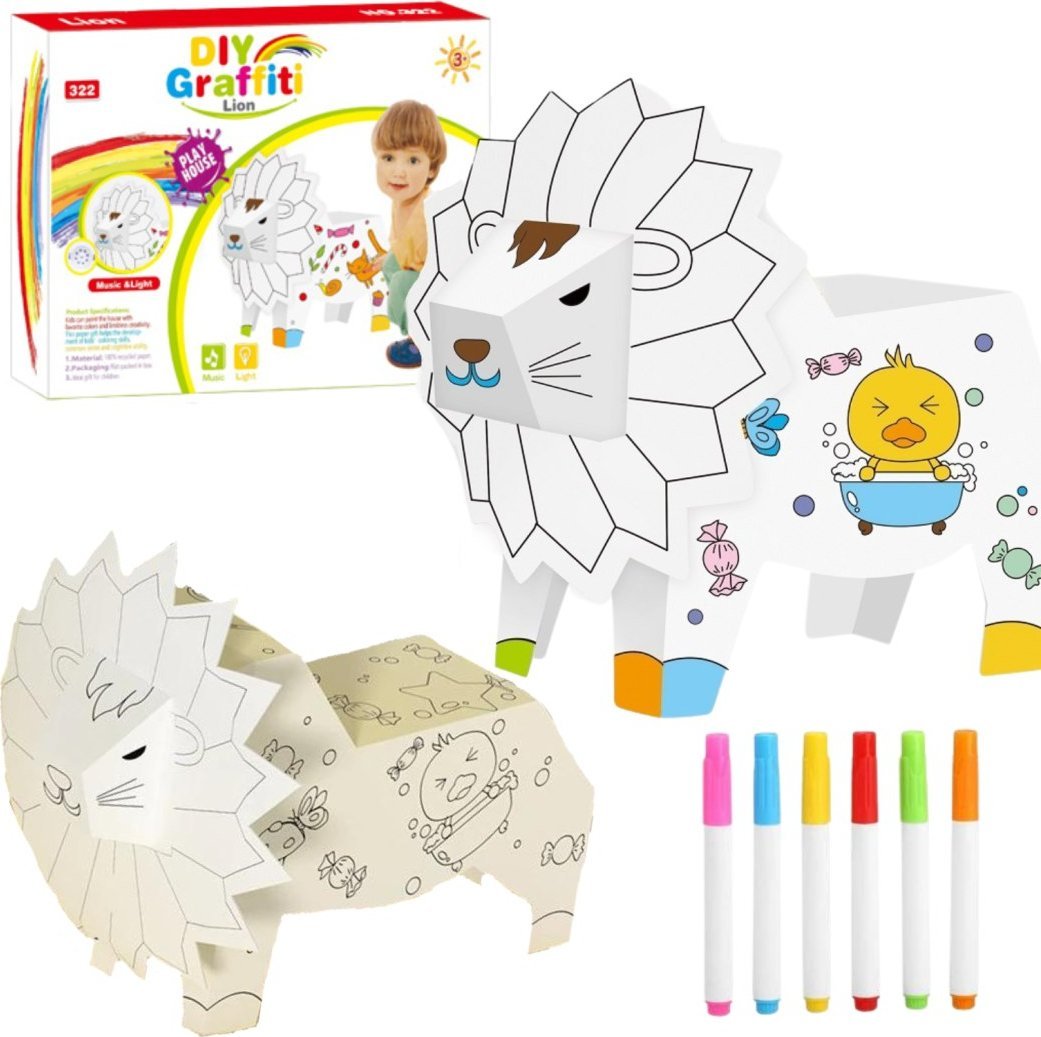 ZESTAW ARTYSTYCZNY LEW KARTONOWY DO MALOWANIA SKŁADANIA KOLOROWANKA MAZAKI