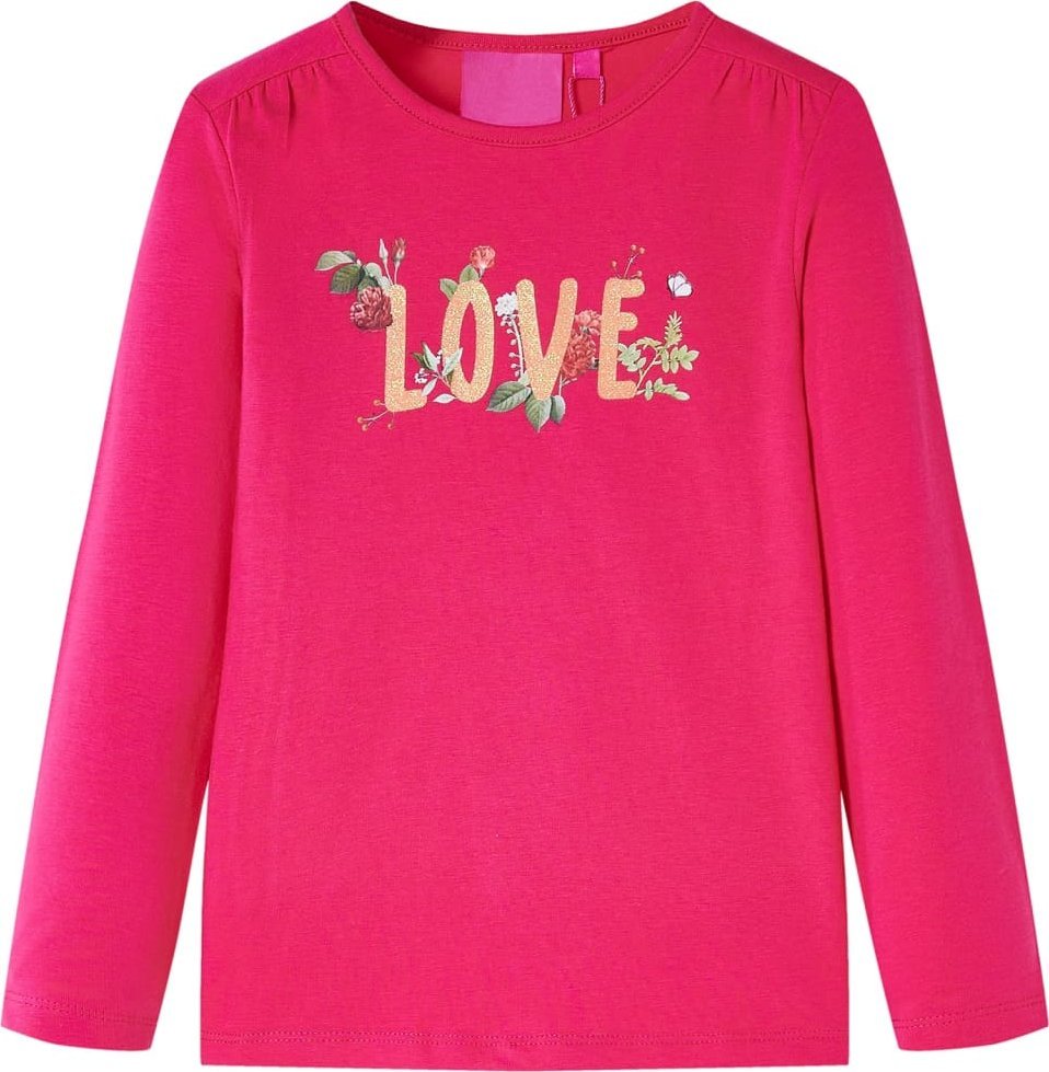 vidaXL Koszulka dziecięca z długimi rękawami, napis Love, jaskrawy róż, 140