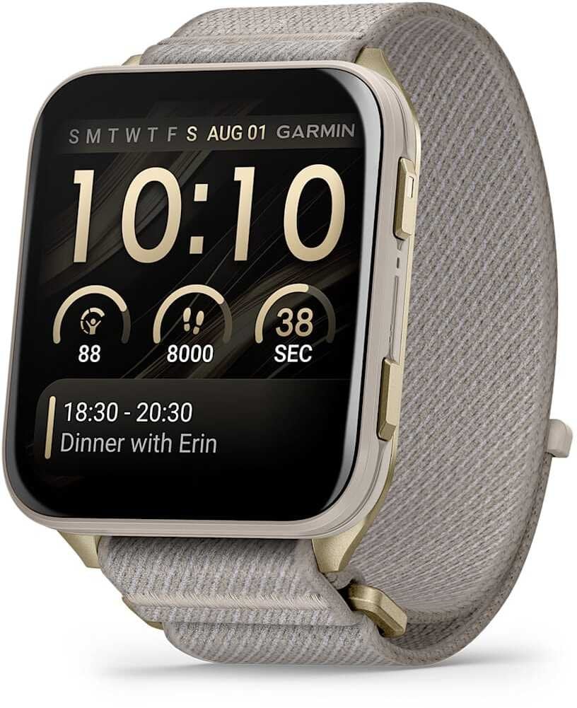 Garmin Venu X1 Soft Gold Titanium Caseback and French Gray ComfortFit Nylon Band