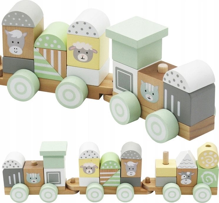 Miętowa Drewniana Kolejka Lokomotywa z Wagonami i Klockami 23 ele ZA5262