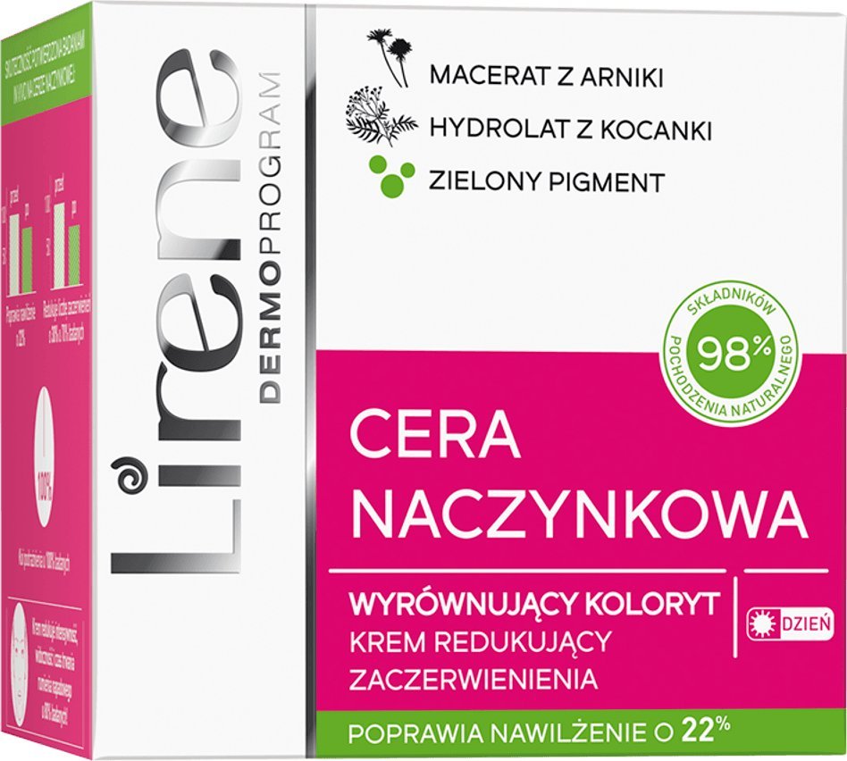 Lirene Lirene Cera Naczynkowa, Krem wyrównujący koloryt redukujący zaczerwienienia na dzień, 50 ml - Długi termin ważności!