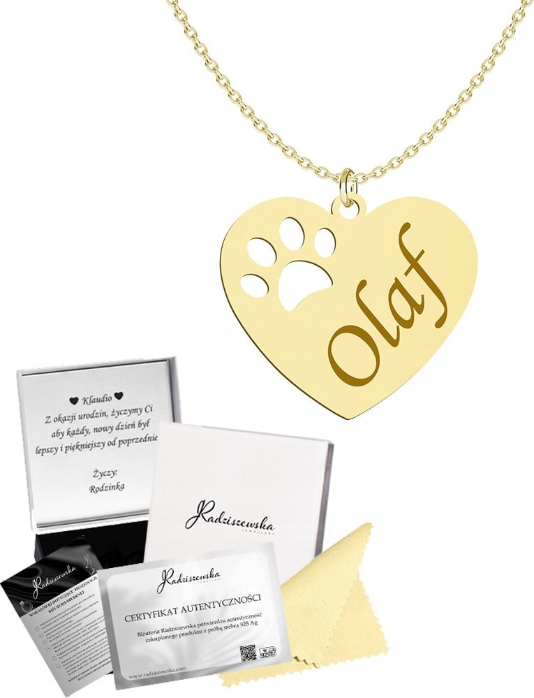 Radziszewska Jewellery Złoty Naszyjnik Serce Łapka Psa Kota GRAWER Srebro 925 Łańcuszek Prezent