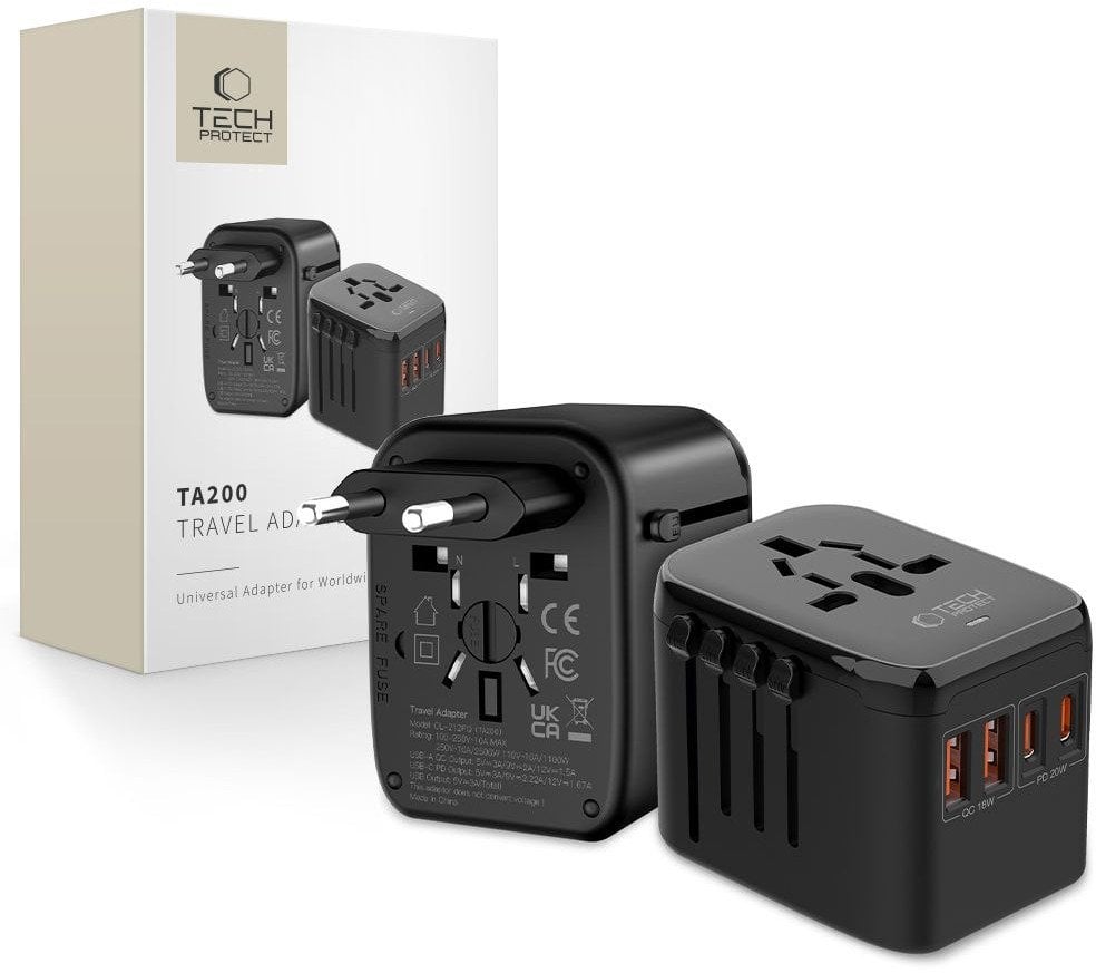 Adapter podróżny Tech-Protect TA200 Travel Adapter EU / UK / US / AU 2xUSB-A, 2xUSB-C Black
