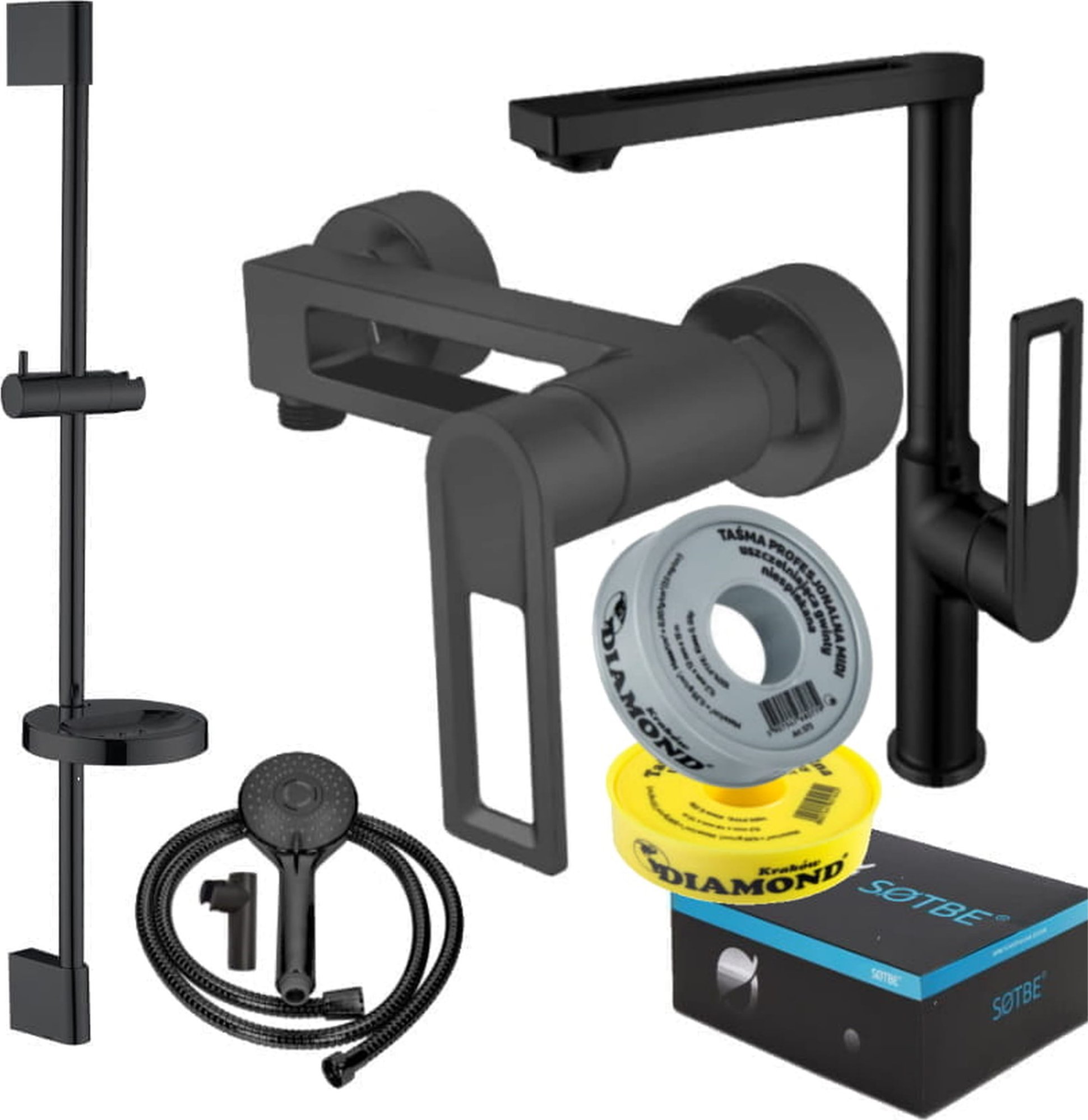 Sotbe SOTBE LOFT SVART Zestaw bateria prysznicowa + bateria umywalkowa wysoka + drążek prysznicowy 80cm