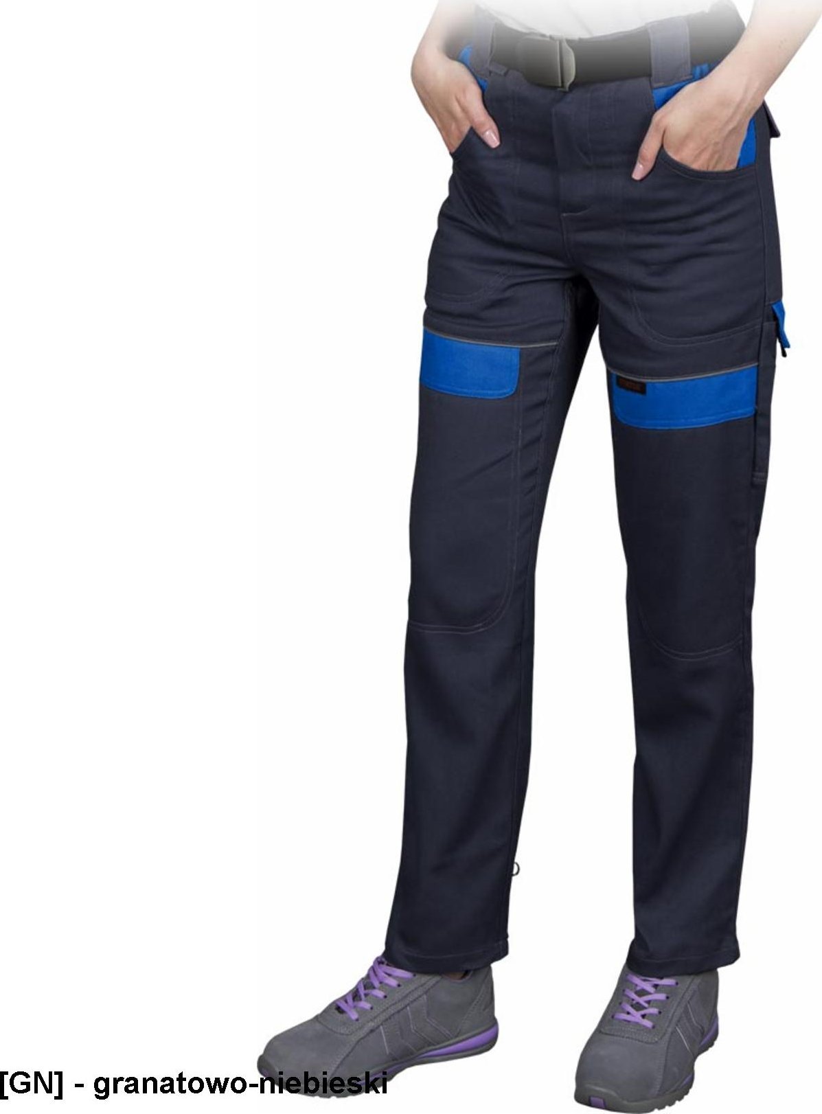 R.E.I.S. CORTON-L-T - Damskie spodnie ochronne do pasa CORTON, tkane 100% bawełna 260 g/m2 6 kieszeni elementy odlaskowe - granatowo-niebieski 36