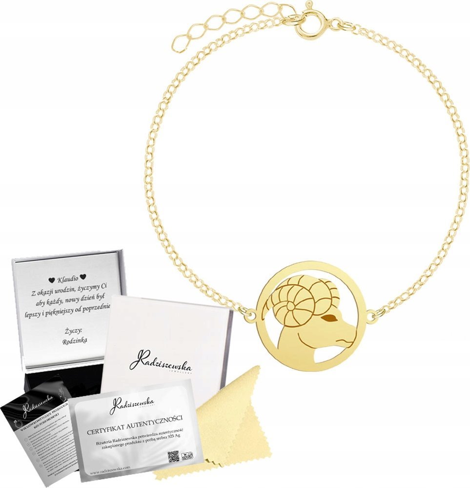 Radziszewska Jewellery ZŁOTA BRANSOLETKA ZODIAK BARAN ŁAŃCUSZEK SREBRO 925 PREZENT GRAWER GRATIS