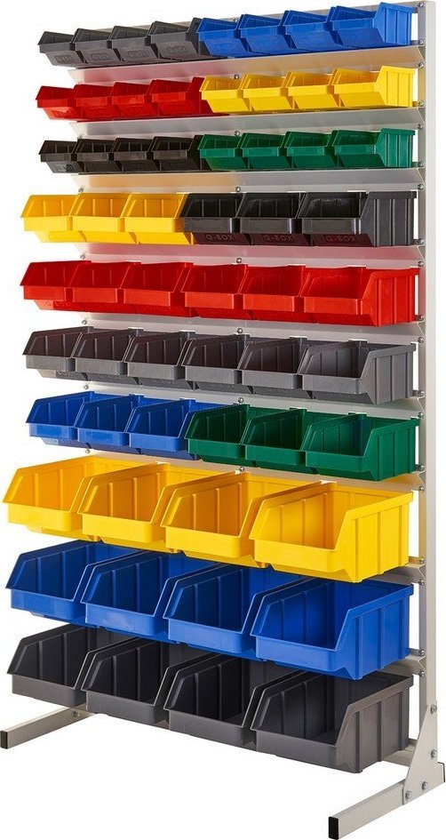 qBox Regał do pojemników warsztatowych, jednostronny. Wym: 1610x940x380mm 60 pojemników (Regał z pojemnikami)