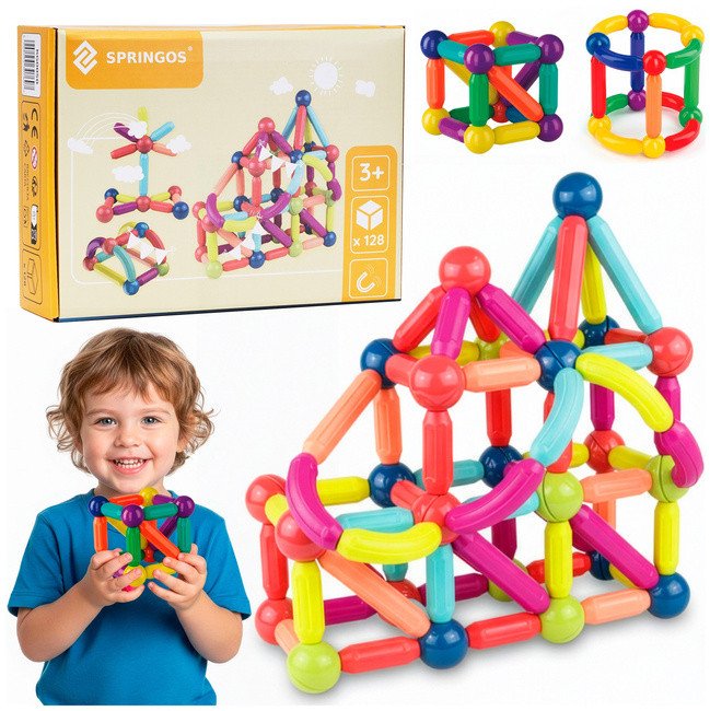 Springos Klocki magnetyczne konstrukcyjne 3D duży zestaw 128 szt. patyczki kulki UNIWERSALNY