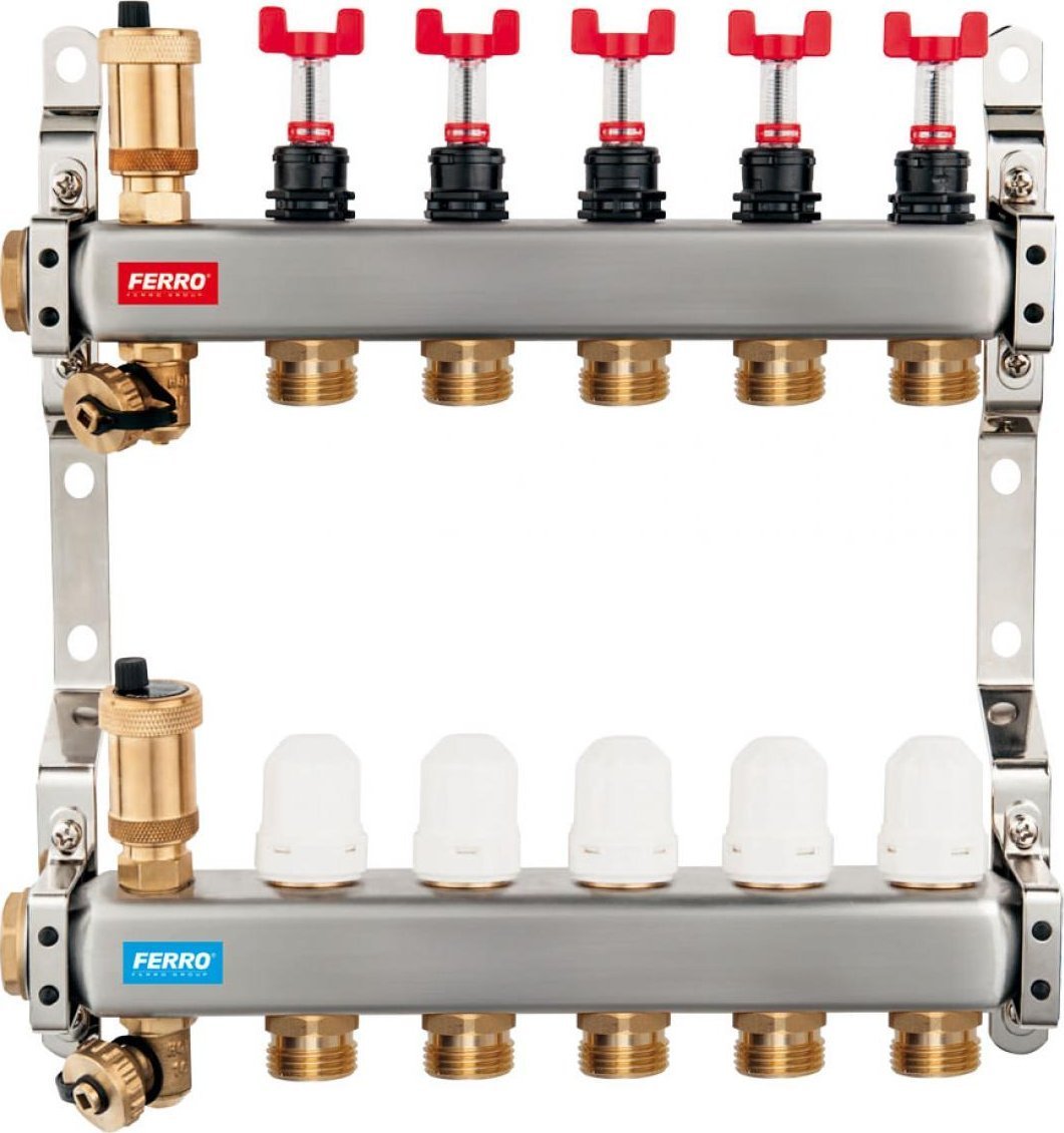 Rozdzielacz ze stali nierdzewnej 1 6-drogowy z zaworami termostatycznymi, przepływomierzami, odpowietrznikami automatycznymi, zaworami spustowymi, nyp