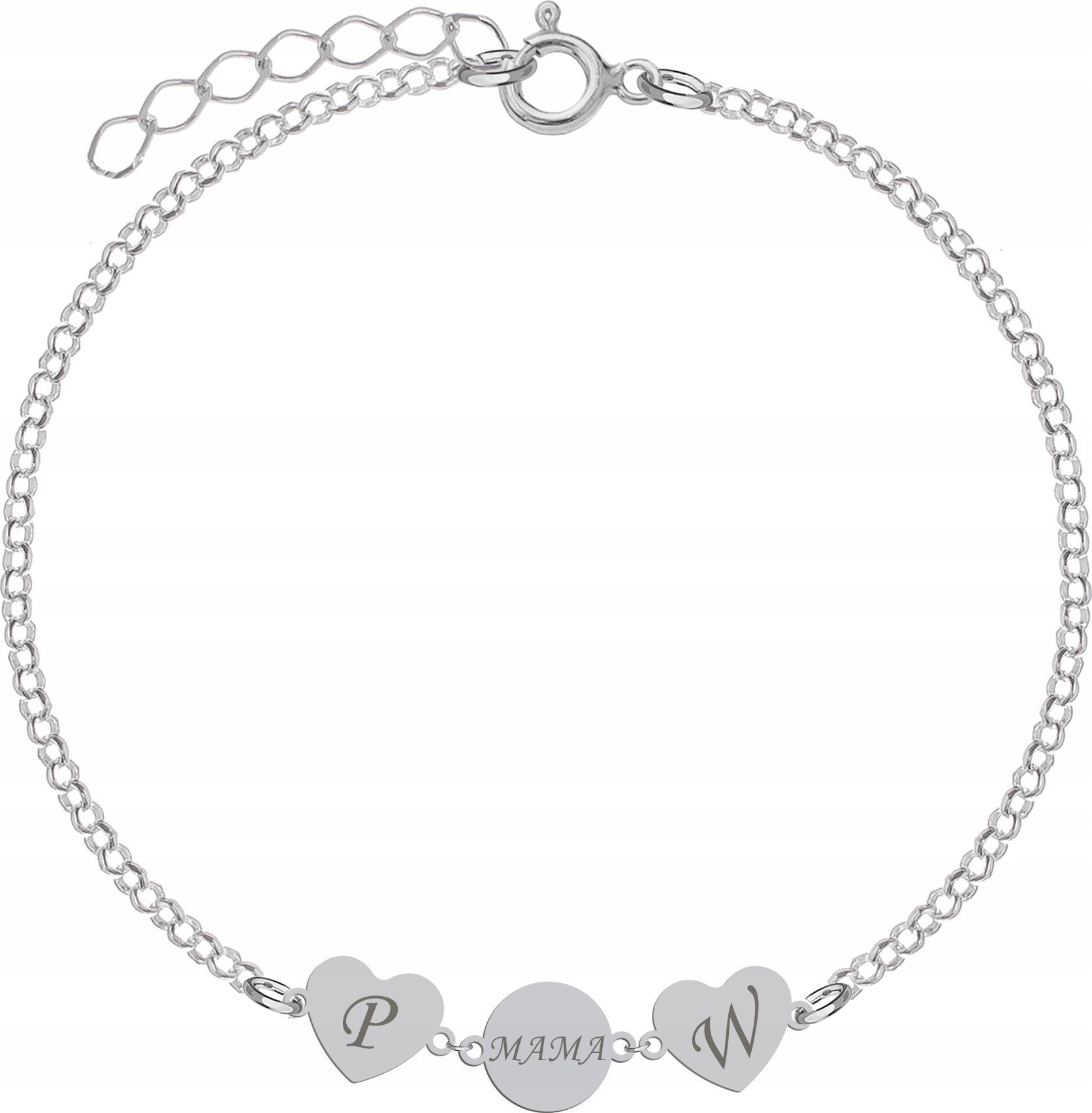 Radziszewska Jewellery Bransoletka Srebrna dla Mamy Serca Blaszka Mama Inicjały GRAWER 925 Prezent