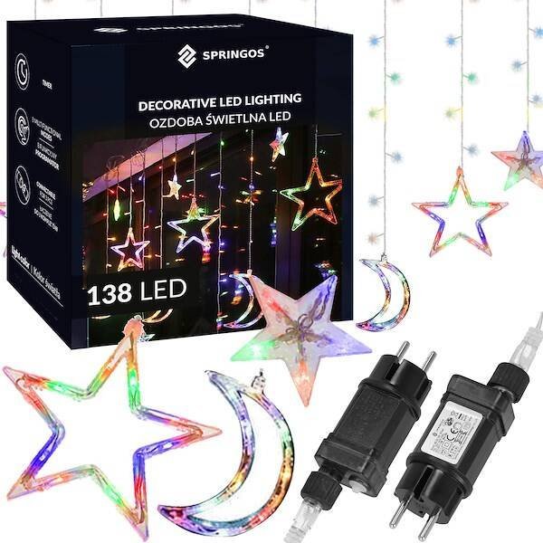 Springos Kurtyna świetlna 138 Led girlanda gwiazdki księżyce lampki sople multikolor UNIWERSALNY