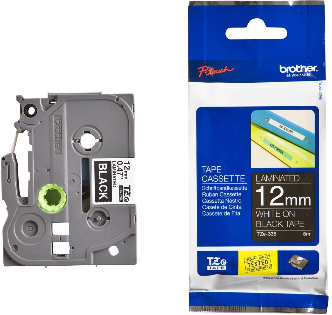 Brother Taśma laminowana do P-touch, Brother TZE-335 12mm czarna/biały nadruk (TZE335)