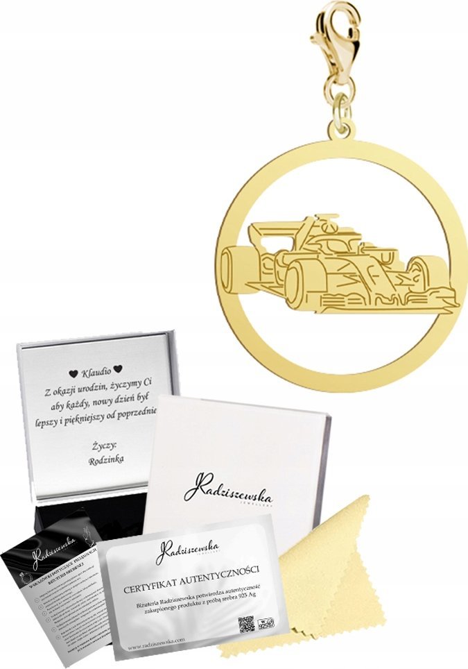 Radziszewska Jewellery Złoty Charms Bolid Formuła 1 SREBRO 925 Prezent Biżuteria DEDYKACJA GRATIS