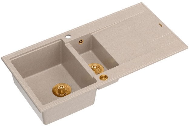 EVAN 156 GraniteQ zlewozmywak z syfonem Push To Open 1,5-komorowy z/o (1000x500x210; kom. 420x480) pearl beige / elementy miedziane