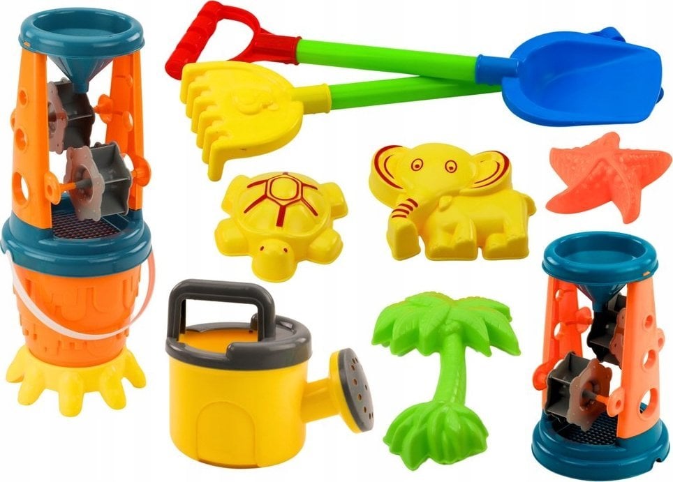 LeanToys Zestaw Do Piasku Młynek Łopatka Grabki Konewka Foremki Wiaderko 10 el.