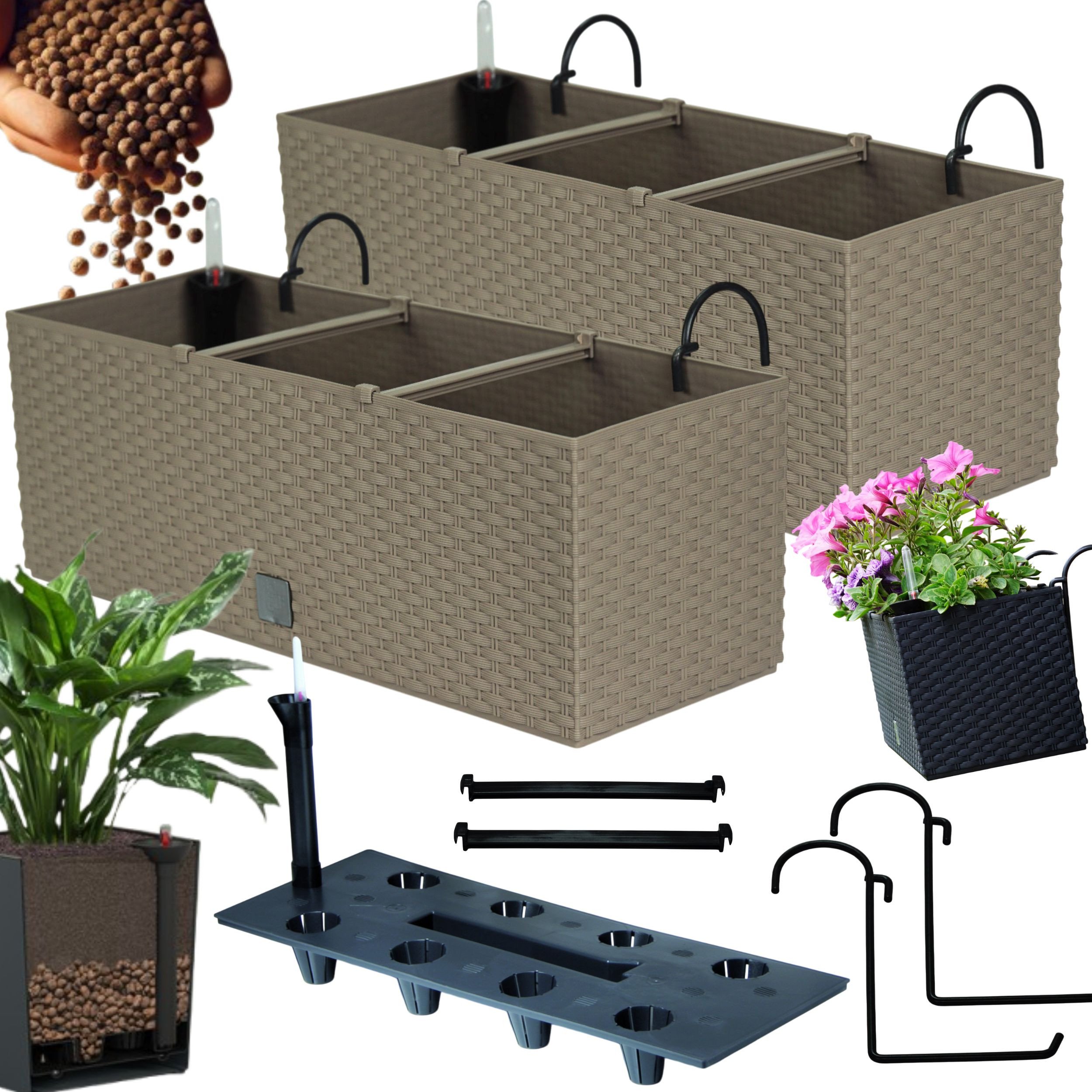 2x Doniczka balkonowa 51cm + uchwyty / haki, nawadniacz Skrzynka na balkon + keramzyt 5l