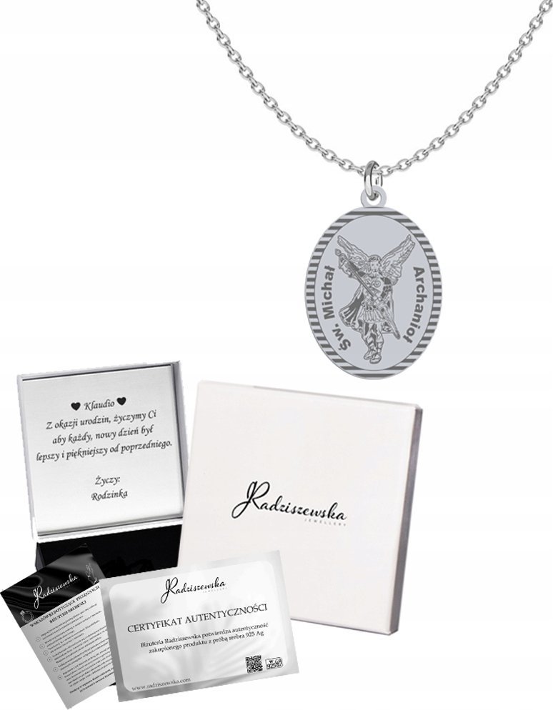Radziszewska Jewellery Naszyjnik Srebrny ze Św. Michałem Archaniołem Łańcuszek 925 Prezent GRAWER