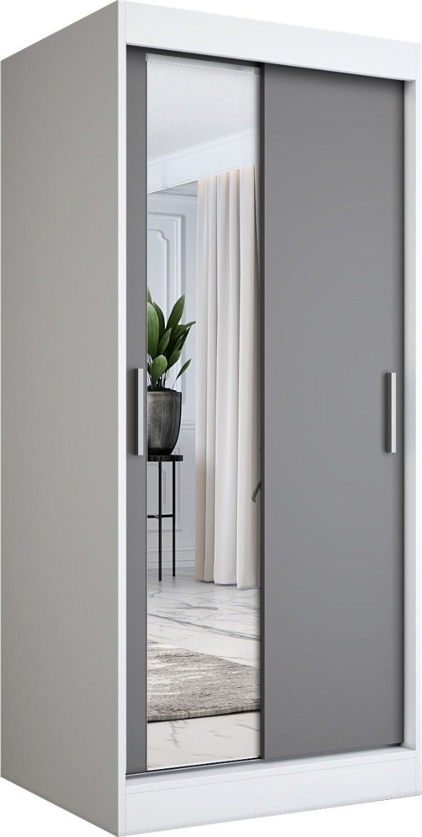 MKPOL Szafa przesuwna MODUO COMFORT 90 biała mat/antracyt z lustrem po lewej