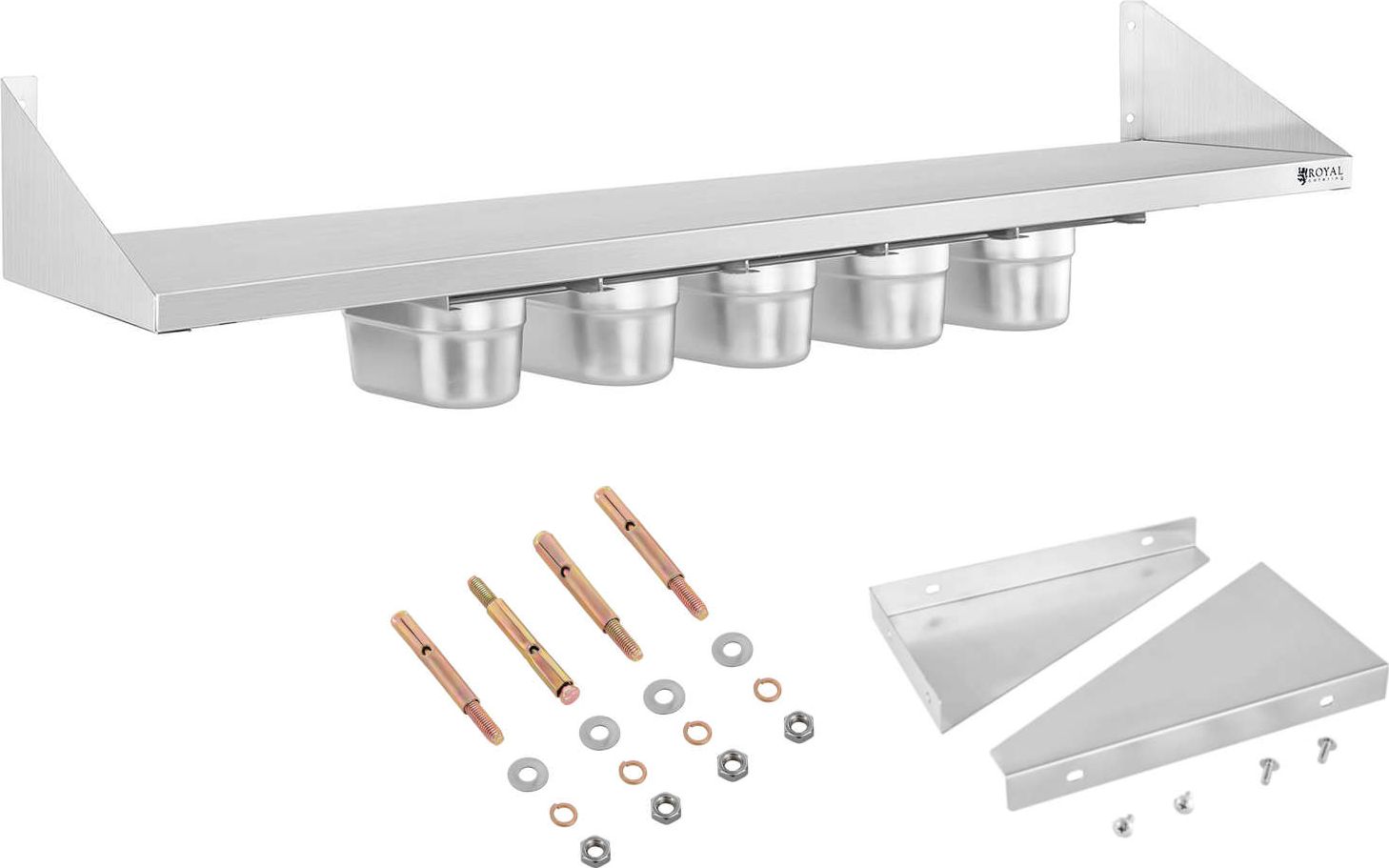 Royal Catering Półka ścienna wisząca na konsolach nierdzewna z pojemnikami GN1/9 Półka ścienna wisząca na konsolach nierdzewna z pojemnikami GN1/9